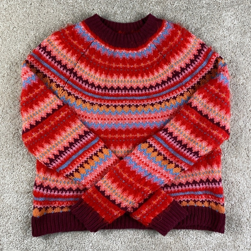 American Eagle Fair Isle Knit Sweater Red Multi Color Mock Neck XS‎ Soft Cozy